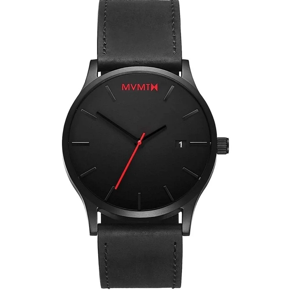 MVMT Classic Black Red Watch Leather Strap OS